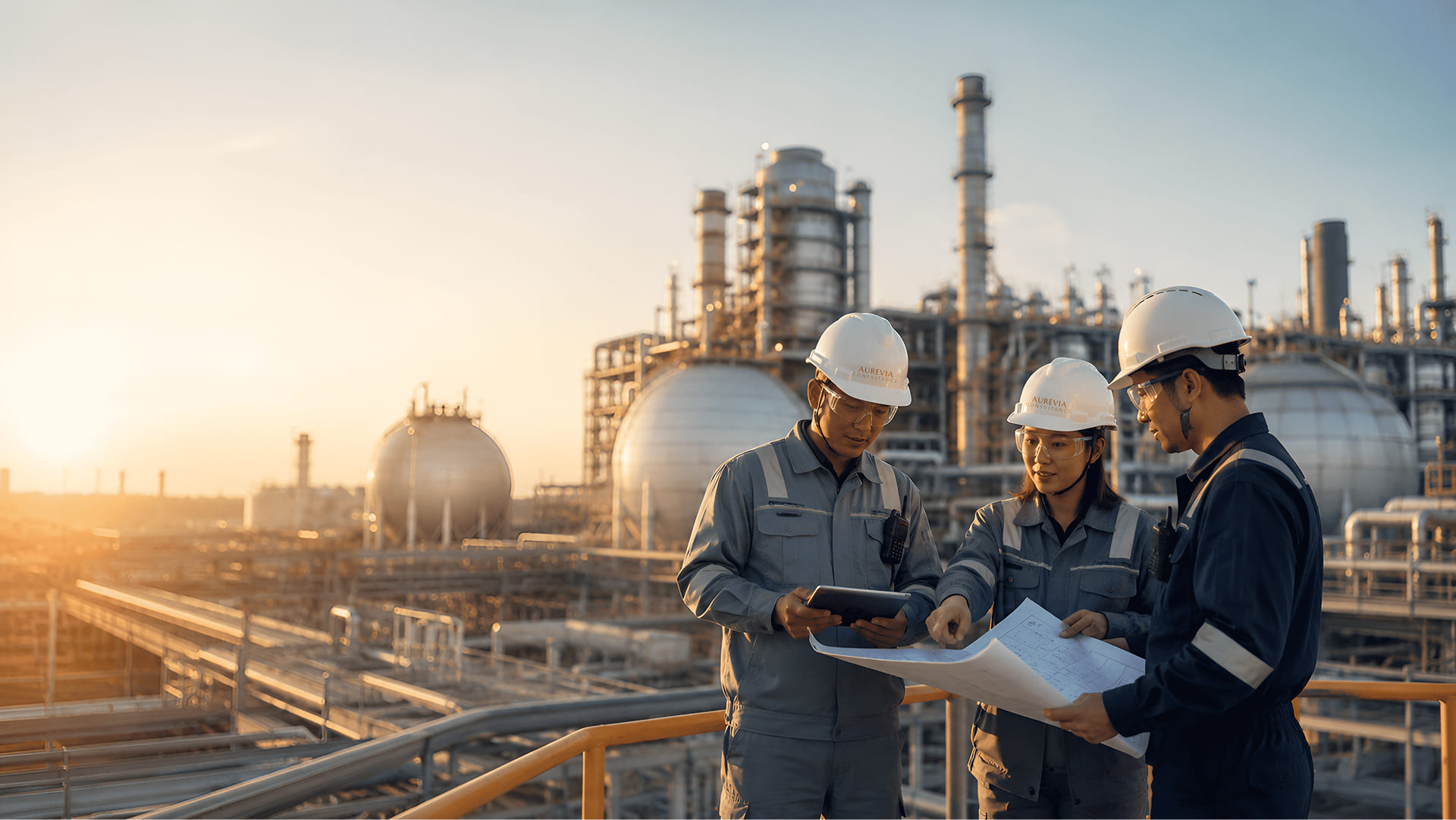 Engineers reviewing plans at a refinery at golden hour